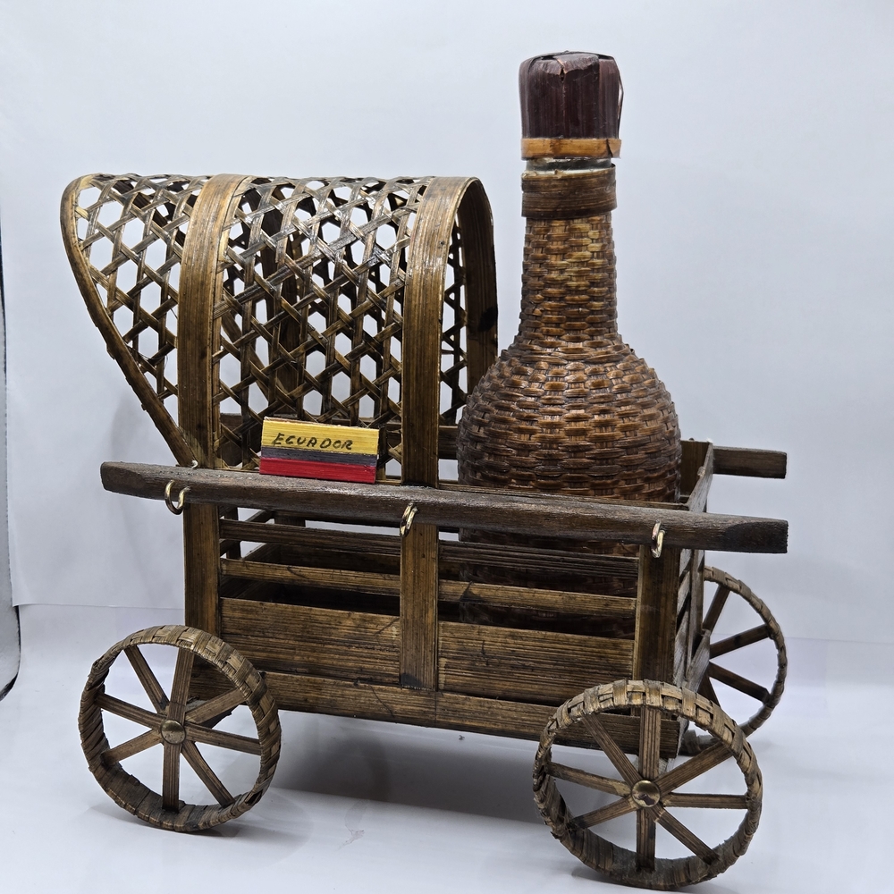 Glass Wine Wagon Decanter Wooden Rattan Handmade Ecuador Basket Art Deco